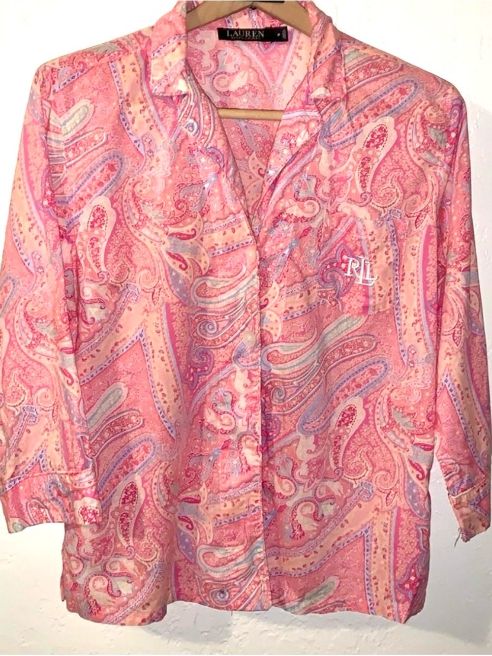Lauren Ralph Lauren Paisley Pajama Set M Cropped Wide Leg Pink Cotton Blend